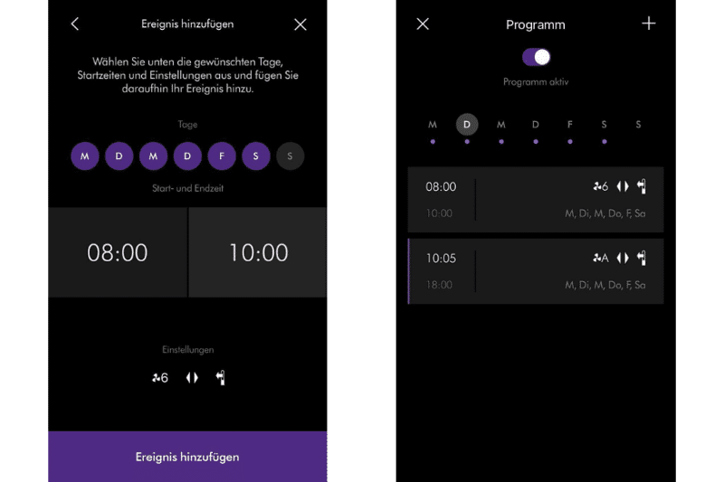 Der Wochenplan in der Dyson Link App mit den verschiedenen eingestellten Timer-Plänen. Auch mehrere an einem Tag
